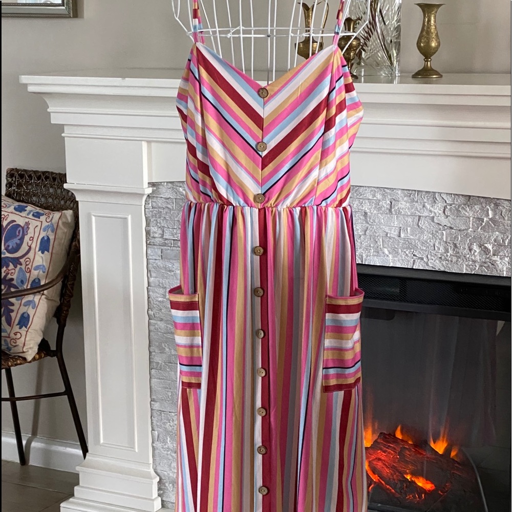 Striped, V- Neck, Double Pocket Dress
